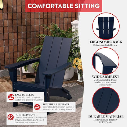 Costaelm Folding Adirondack Chairs, Outdoor Patio Adjustable Lawn Chairs, Weather Resistant Outside Firepit Chairs for Porch, Poolside, Garden, Backyard Deck, Navy Blue