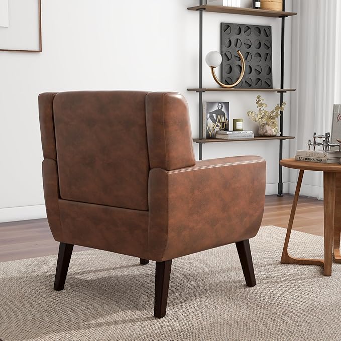 Accent Chair, Mid-Century Modern PU Leather Chairs with Arms for Living Room, Comfy Upholstered Club Single Sofa Armchair for Bedroom Waiting Room with Solid Wood Frame-Leather Coffee, Set of 1