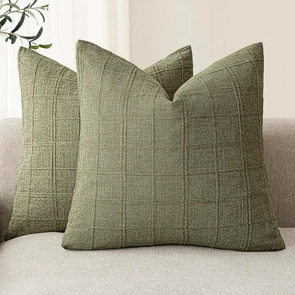 Foindtower Set of 2 Decorative Linen Check Throw Pillow Covers Neutral Farmhouse Vintage Cushion Covers Modern Boho Home Decor for Sofa Chair Couch Bedroom Living Room,22×22 Inch,Sage Green