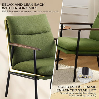 Art Leon Modern Accent Chair - Upholstered Fabric Lounge Chair with Wood Armrests Ergonomic Reading Chair with Metal Frame Living Room Chair for Bedroom, Office Green