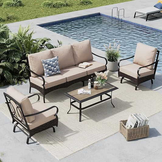 MFSTUDIO 4 Pieces Outdoor Patio Furniture Set, Metal Outdoor Conversation Set, Rattan Wicker Patio Sectional Sofa Set with 2 x Rocking Single Sofa, 3-Seat Sofa, 1 x Coffee Table, Beige
