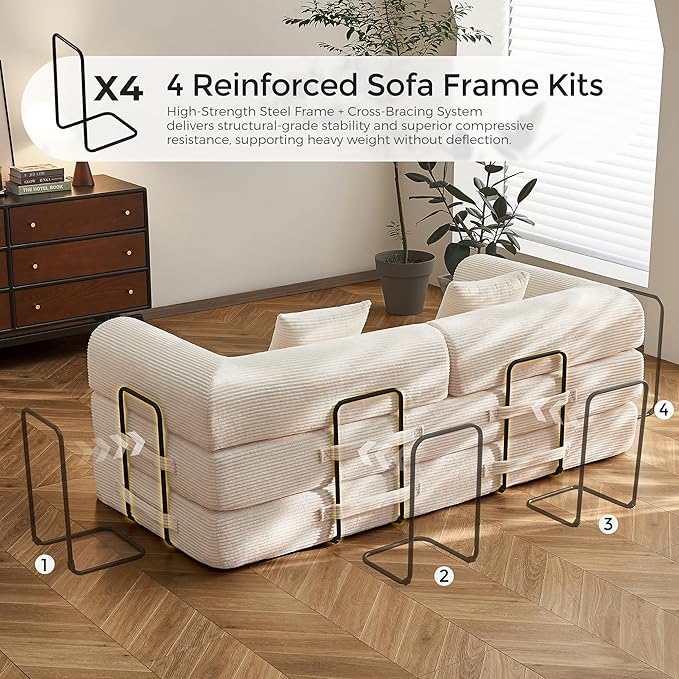 79" Convertible Sofa Bed with Fixed-Shape Frame & Removable Armrests, Modular Corduroy Sleeper Sofa, Folding Mattress Couch for Small Spaces - No Assembly Needed in Beige White (Includes 2 Pillows)