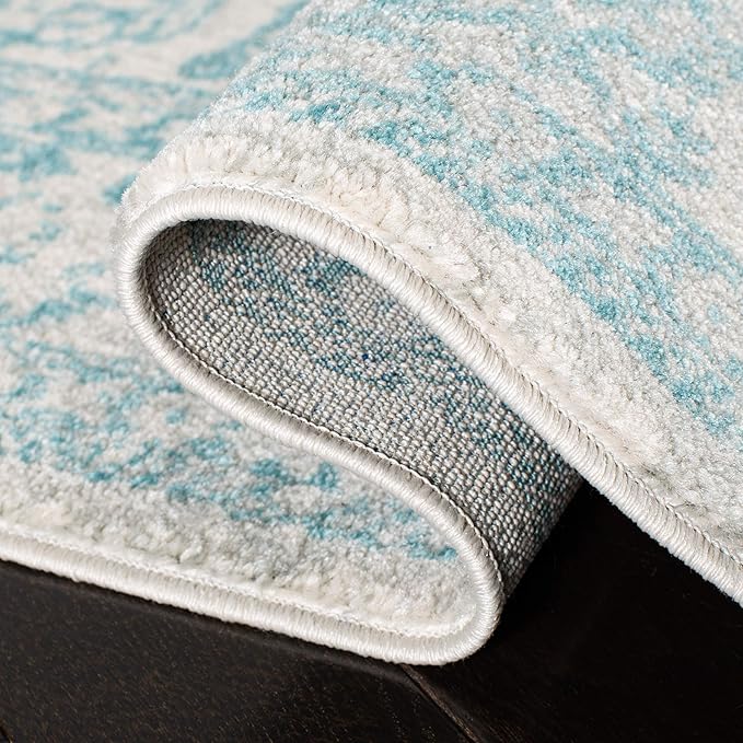 SAFAVIEH Evoke Collection Area Rug - 5'3" Round, Ivory & Aqua, Distressed Design, Non-Shedding & Easy to Clean, Ideal for Living Room, Bedroom, Dining Space (EVK256J)