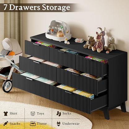 57" Long Dresser for Bedroom, 7-Drawer Fluted Chest, Wide Wood Storage Dresser with Metal Slides and Handles, Stable Base, Modern Clothes Organizer for Primary Suite, Guest Room, Nursery
