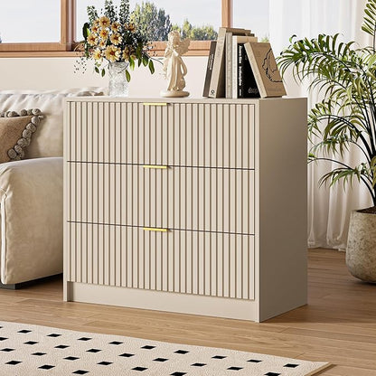 3-Piece Dresser Bedroom Set, 9 Drawer Dresser & 3 Drawer Nightstands with Gold Handles, Fluted Wood Chest of Drawers for Bedroom, Living Room, Entryway, Beige