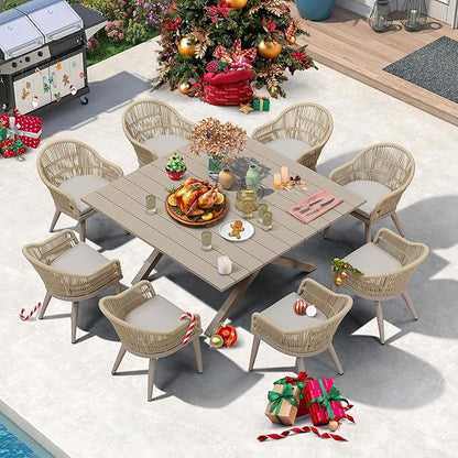 PURPLE LEAF 9 Pieces Patio Dining Set with Outdoor Aluminium Square Dining Table and Woven Rattan Chairs Modern Metal Furniture Cushions Sets for Garden Yard Indoor Decor Kitchen Champagne
