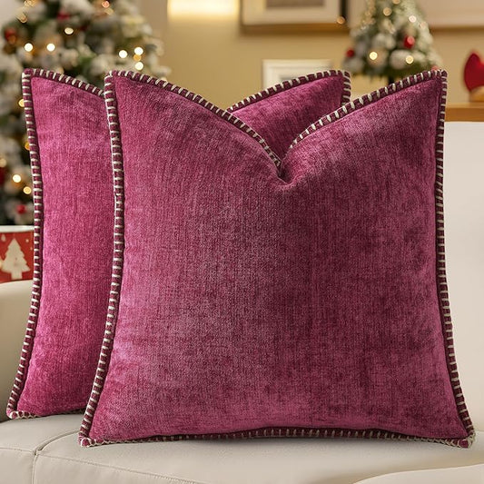 decorUhome Christmas Chenille Soft Throw Pillow Covers 22x22 Set of 2, Farmhouse Velvet Neutral Decorative Euro Pillow Covers with Stitched Edge for Couch Sofa Bed Home Decor, Rhododendron