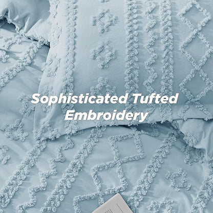 Bedsure Tufted Boho Comforter Set Twin Size - Light Blue Boho Bed Set, GentleSoft™ 2 Pieces Farmhouse Shabby Chic Embroidery Bedding, Gifts for Woman, Soft Jacquard Twin Comforter for All Seasons