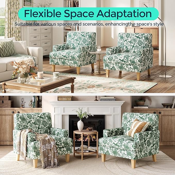 LINSY Floral Accent Chair, Large Armchair with Rubberwood Legs, Mid Century Upholstered Reading Chair, Comfy Oversized Single Sofa Chair for Living Room Bedroom Office Study, Floral Green