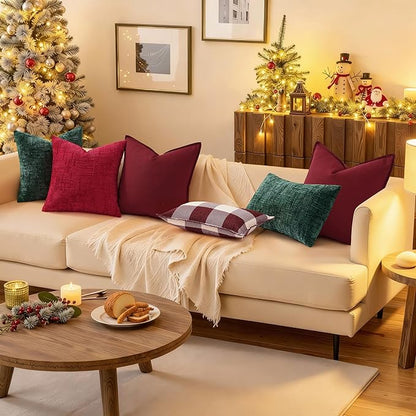 decorUhome Christmas Red Chenille Throw Pillow Covers 18x18 Set of 2 Thick Textured Slubby Couch Pillow Covers Farmhouse Accent Modern Neutral Decorative Pillow Cases for Bed Sofa Living Room