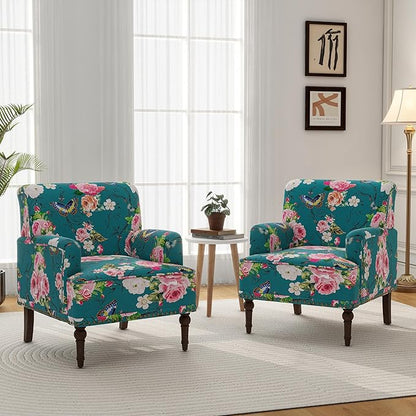 Accent Chair, Mid Century Modern Comfy Armchair for Living Room, Linen Fabric Single Sofa Lounge for Reading Bedroom Apartment Waiting Room with Wood Legs (Floral, Set of 1)