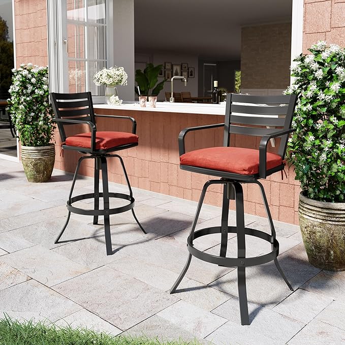 Pellebant 29.5" Sunbrella Outdoor Bar Stools Set of 2, Aluminum Swivel Patio Bar Height Bar Stools with Back & Footrest, Rust-Proof High Barstools for Deck Lawn Garden,Red