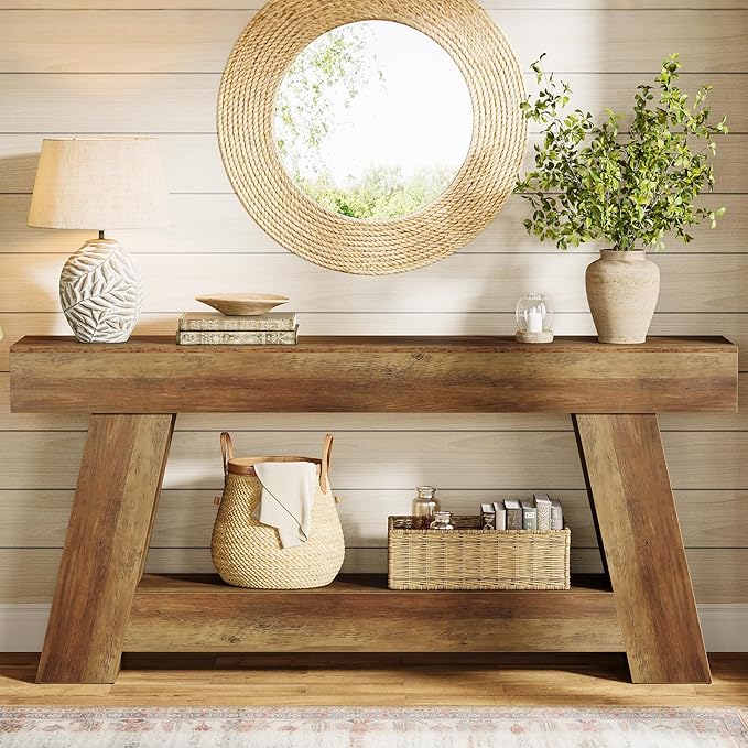 Tribesigns 70.9" Extra Long Console Table, Farmhouse 2-Tier Wooden Sofa Table, Rustic Entryway Tables with Open Storage Shelf for Entrance, Hallway, Living Room (Rustic Brown)