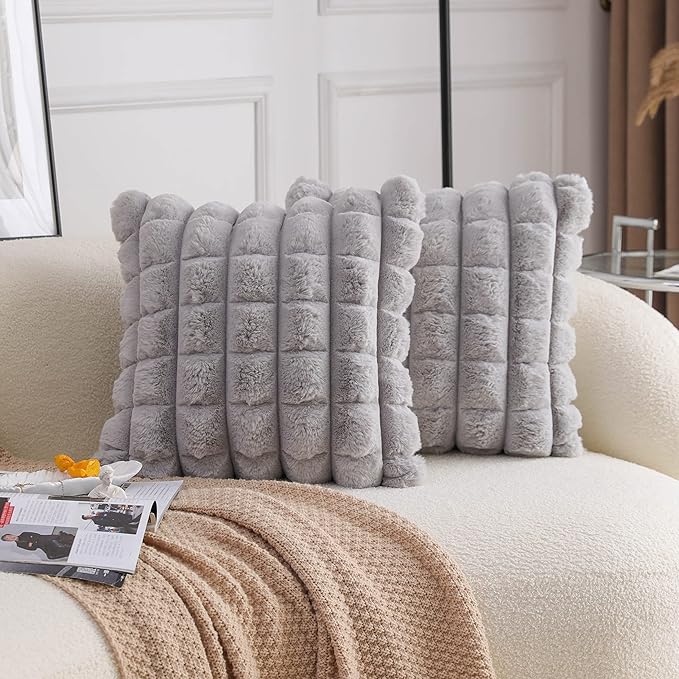 Neelvin Grey Faux Fur Cozy Soft Plaid Decorative Throw Pillow Covers 22x22 inch Set of 2,Velvet Pillowcase Cushion Case for Sofa Couch