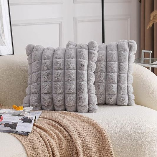 Neelvin Grey Faux Fur Cozy Soft Plaid Decorative Throw Pillow Covers 22x22 inch Set of 2,Velvet Pillowcase Cushion Case for Sofa Couch