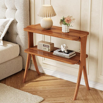 LITTLE TREE Narrow Side Table Set of 2, Small Side Table, 2-Tier Farmhouse End Table with Solid Wood Legs, Space-Saver for Living Room, Bedroom, Entryway (Walnut)