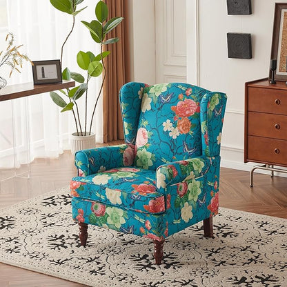 MELLCOM Floral Accent Chair, High Back Upholstered Armchair with Solid Legs, Leisure Single Sofa Chair for Living Room, Bedroom, Home Office, Teal Floral
