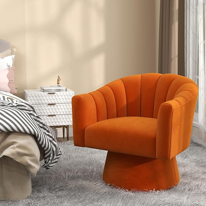 Swivel Accent Chair Set of 2, Upholstered Velvet 360° Swivel Barrel Chair for Living Room Overstuffed Bouncle Reading Chair Round Armchair for Bedroom,Vanity,Office (Orange)