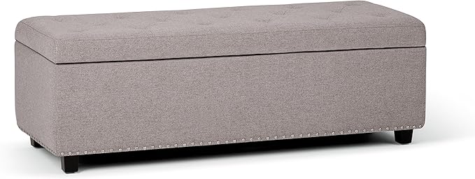 SIMPLIHOME Hamilton 48 inch Wide Transitional Rectangle Storage Ottoman in Cloud Grey Linen Look Fabric, Assembled, For the Living Room, Entryway and Family Room