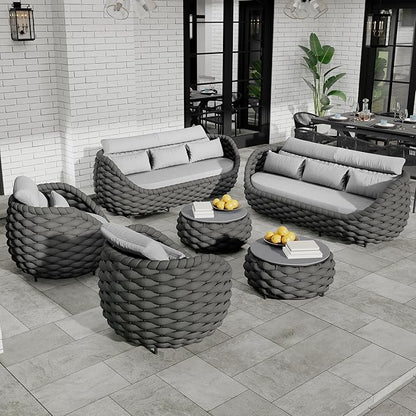Lanai Outdoor Furniture Sofa Set: 6-Piece Aluminum Woven Rope Patio Conversation Set w/Table - Modern Cushions Couch Set - No Assembly Porch Seating for Deck Yard Garden Pool Hotel Resort