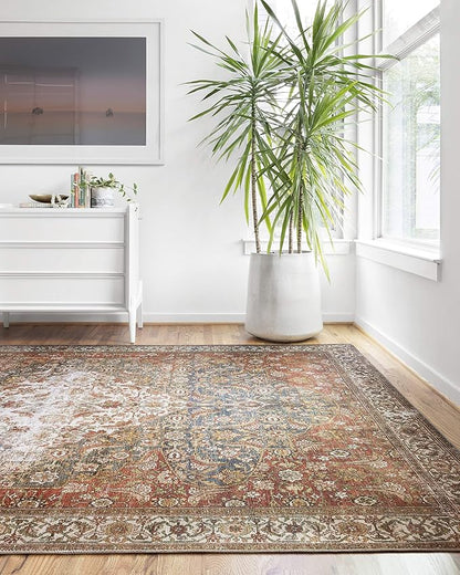 Loloi Layla Collection LAY-05 Ocean/Multi 7'-6" x 9'-6" .13" Thick Area Rug, Soft, Durable, Vintage Inspired, Distressed, Low Pile, Non-Shedding, Easy Clean, Printed, Living Room Rug