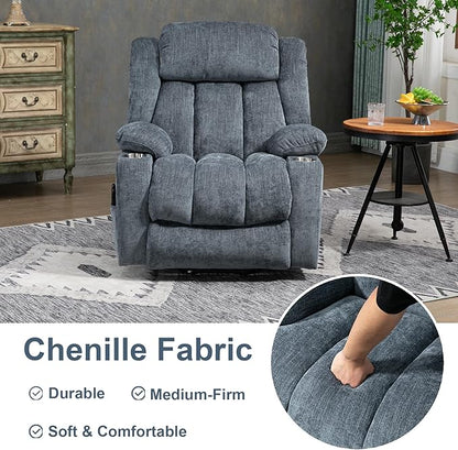 Power Lift Recliner Chair, 350lb Capacity with 8-Point Massage & Heating, USB/Type-C Ports & Cup Holders, Heavy Duty Chenille Recliner for Elderly, Blue Grey