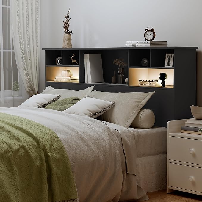 Queen/Full Headboard Only for Bedroom, Stylish Bookcase Headboard with Charging Station & 2 LED Lights, Engineered Wood Queen Size Headboard, Noise-Free HeadBoard with Storage, Black