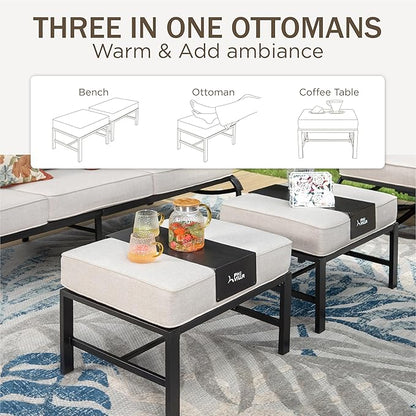 PHI VILLA 7 PCS Patio Furniture Set,Metal Outdoor Furniture with 1x 3 Seater Cushioned Deep Seating Bench Sofa, 2 Swivel Chair, 2 x Leg Chairs & 2 Ottoman,Outdoor Seating for 7 Person