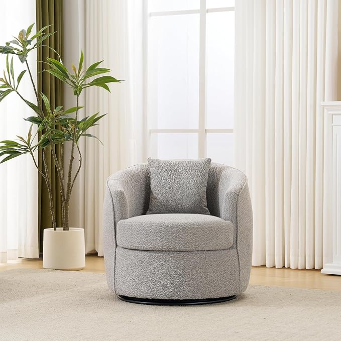 Swivel Accent Chair, Modern Upholstered Boucle Barrel Arm Chairs with Pillow for Living Room, 360 Degree Round Swivel Sherpa Armchair with Round Base for Bedroom Club (1, Grey)