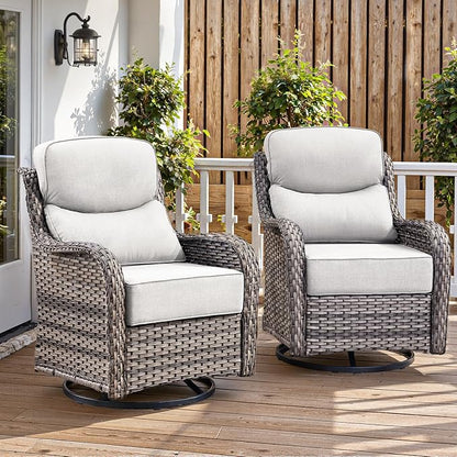Belord Luxury 6" Thick Cushioned Outdoor Swivel Rocker Patio Chairs of 2, High Back Wicker Patio Furniture Set with Ergonomic Zone Back, Conversation Glider Set for Deck Porch - Grey+Beige
