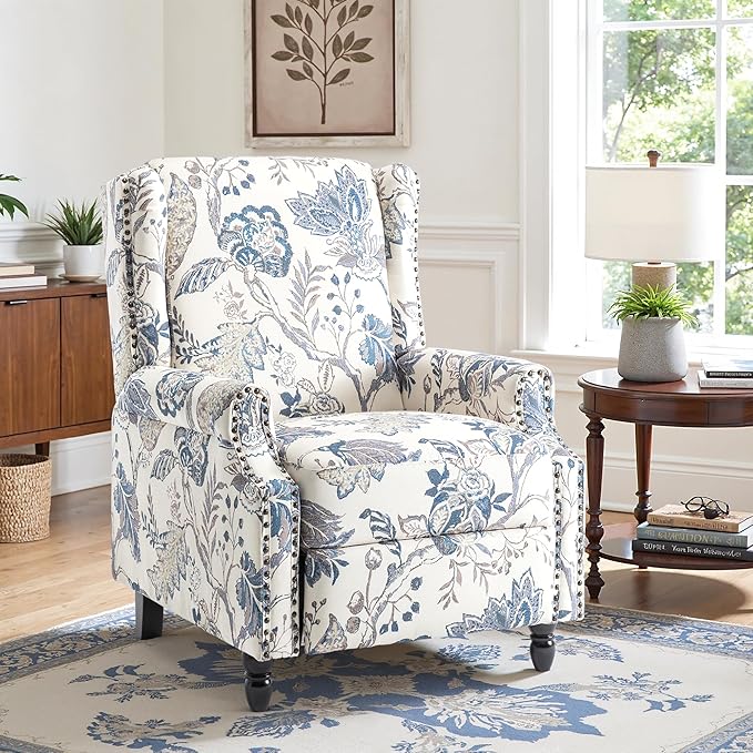 Recliner Chair, Upholstered Wingback Floral Pushback Armchair with Adjustable Backrest & Footrest, Comfy Accent Chair Reading Single Sofa for Small Spaces, Living Room, Bedroom (Plants Blue, Set of 1)