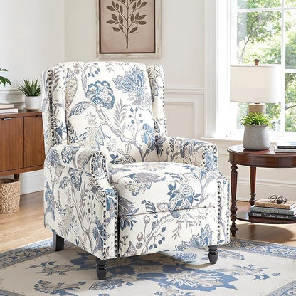 Recliner Chair, Upholstered Wingback Floral Pushback Armchair with Adjustable Backrest & Footrest, Comfy Accent Chair Reading Single Sofa for Small Spaces, Living Room, Bedroom (Plants Blue, Set of 1)
