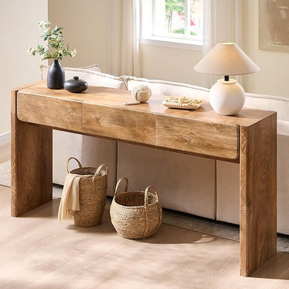 OKD 63'' Console Table with 3 Drawers, Farmhouse Entryway Table with Rounded Corners, Console Table Behind Couch for Living Room/Hallway-Light Knotty Oak