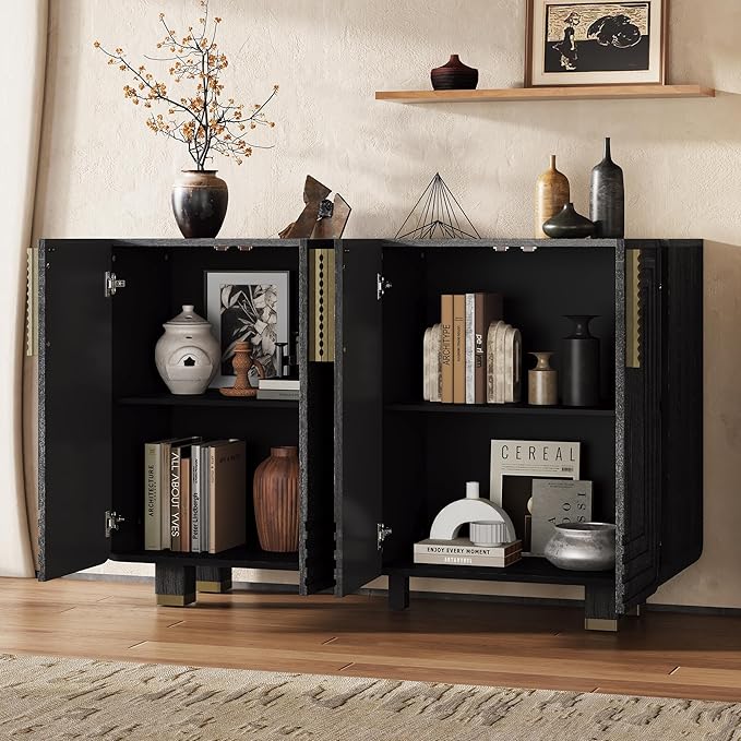 Merax Vintage Wood Storage Cabinet with Four Doors and Dark Gold Handles, Retro-Style Sideboard Buffet Cabinet with Adjustable Storage Shelves for Kitchen, Living Room, Dining Room, Hallway, Black