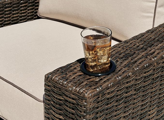 Signature Design by Ashley Coastline Bay Casual Outdoor Swivel Lounge with Cushion and 2 Cup Holders, Nuvella Weather Resistant Fabric, Beige & Dark Brown