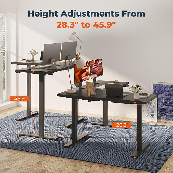L-Shaped Standing Desk, 71 x 63 Inches Height Adjustable Desk, Sit and Stand up for Work Office Home, Ergonomic Rising Computer Table for Home Office with Splice Board, Black