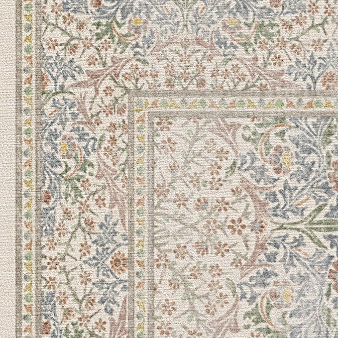 RUGGABLE x Morris & Co Washable Area Rug – Blackthorn Ivory Blue 8x10, Stain-Resistant, Non-Slip – Large Machine Washable Rugs for Living Room, Bedroom, Hallway, Entryway & Office–with Cushioned Pad
