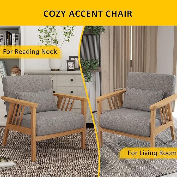Mid-Century Modern Accent Chair, Linen Armchair and Lounge Chair with Lumbar Pillow, Wide Seat & Solid Wood Frame for Living Room, Bedroom or Balcony （Light Gray）