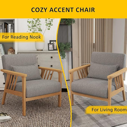 Mid-Century Modern Accent Chair, Linen Armchair and Lounge Chair with Lumbar Pillow, Wide Seat & Solid Wood Frame for Living Room, Bedroom or Balcony （Light Gray）