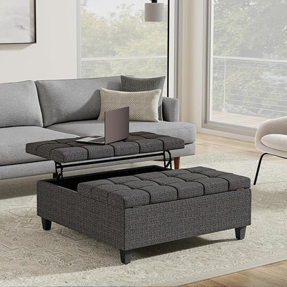 SIMPLIHOME Harrison 40 inch Wide Transitional Square Large Coffee Table Storage Ottoman in Ebony Polyester Tweed, Assembled, for The Living Room and Bedroom