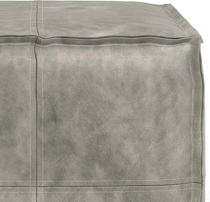 SIMPLIHOME Brody 18-inch Wide Square Pouf in Distressed Grey Vegan Faux Leather, Boho-Style Ottoman, Footstool or Extra Seating for Living Room, Assembled
