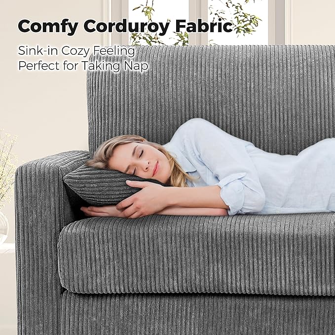 Kidirect 70in Corduroy Couch, Sofa No Tool Assembly, Comfy Couches for Living Room 21in Deeper Seats, Corduroy Sofas for Living Room with 2 Pillows, Oversized Loveseat Sofa, Boho Love Seat Grey Couch