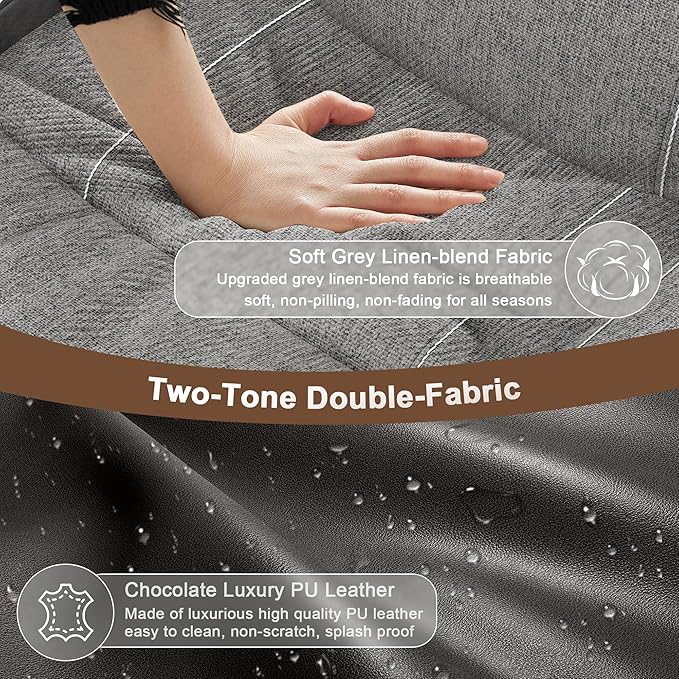 Loveseat Recliner Sofa Set, Manual Reclining Loveseat Sofa with Reading Light, Storage Console, Cup Holders, USB Ports, Grey Linen-Blend Fabric & PU Leather, Living Room Furniture Set