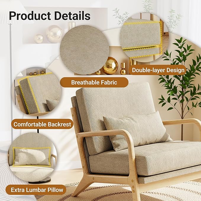 Claiks Mid-Century Modern Accent Chair, Living Room Armchair with Solid Wood Frame & Lumbar Pillow, Comfy Upholstered Lounge Chair for Bedroom, Office, Corduroy, Khaki