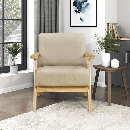 Lexicon Mid Century Modern Accent Chair with Solid Wood Frame in Natural Finish, Textured Fabric Living Room Lounge Arm Chair, Thick and Comfy Innerspring Seat Cushion, Linen-Look Fabric, Light Brown
