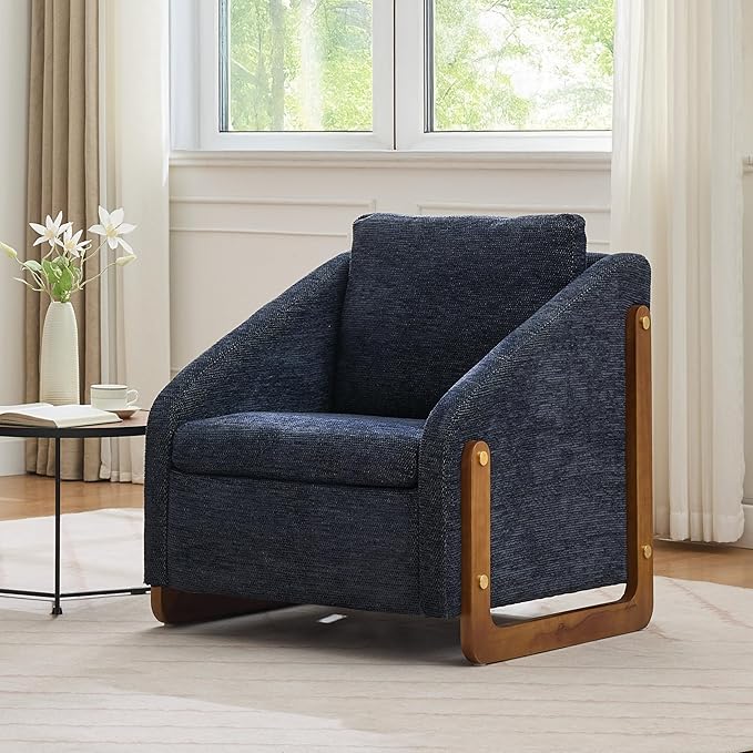 Modern Upholstered Armchair with Wooden Frame, 29" W x 29" D x 29" H, Light Gray Chenille Fabric, Living Room Accent Chair (Blue)