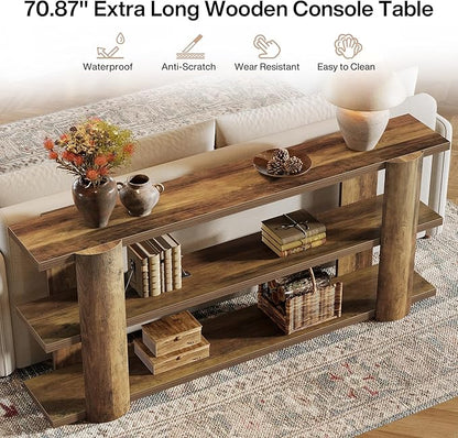 Tribesigns 70.87" Extra Long Console Table for Entryway, Narrow Wooden 3-Tier Sofa Table Behind Couch, Farmhouse Entryway Accent Table for Living Room, Hallway Foyer, Brown