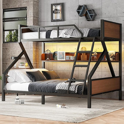 Bellemave Twin XL Over Queen Bunk Bed with Storage Shelf and RGB LED Lights, Adults Bunk Bed with Angle Padded Ladder, Heavy Duty Bunk Beds with Noise-Reducing Rubber Stoppers, Black