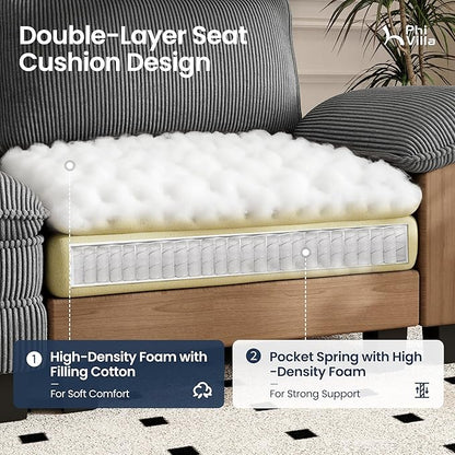 PHI VILLA Indoor Lounge Sofa Chair, One-Person Oversized Sectional Sofa with Ottoman, Single Chaise with Upholstered Deep Seat for Bedroom Reading, Corduroy Fabric, Grey