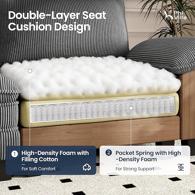 PHI VILLA Cloud Modular Couches Sets, 87.5" Sectional Loveseat Sofa with Upholstered Deep Seat, 2-Seater Comfy Couches for Living Room Bedroom, Corduroy Fabric, Grey